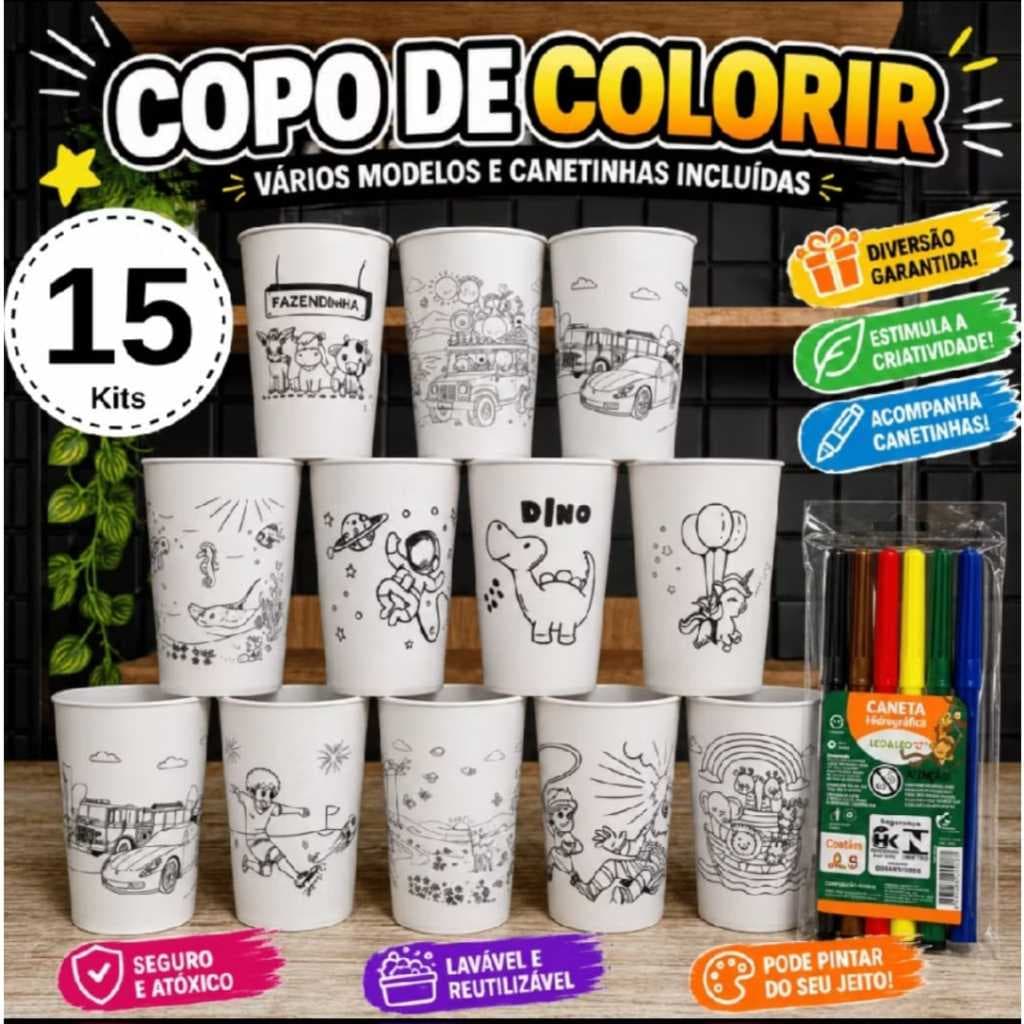 Copo de Colorir + Canetinha 15 Kits Várias Estampas Copo Lembrancinha Aniversário Festas Crianças.