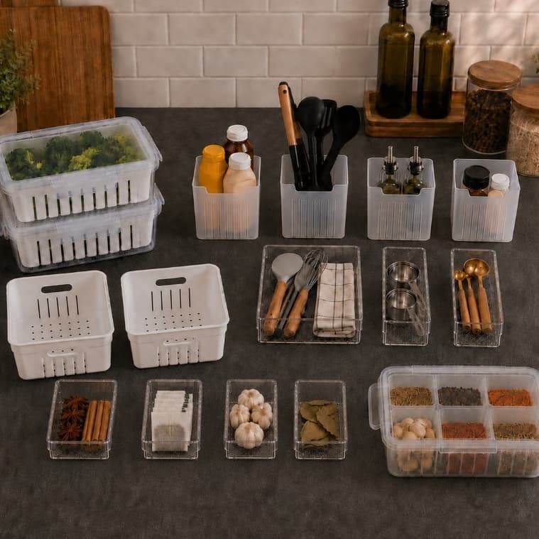 Kit Geladeira com 2 Potes Escorredores 1 Porta Tempero 4 Organizadores de Porta 2 Cestinhas e 7 Organizadores