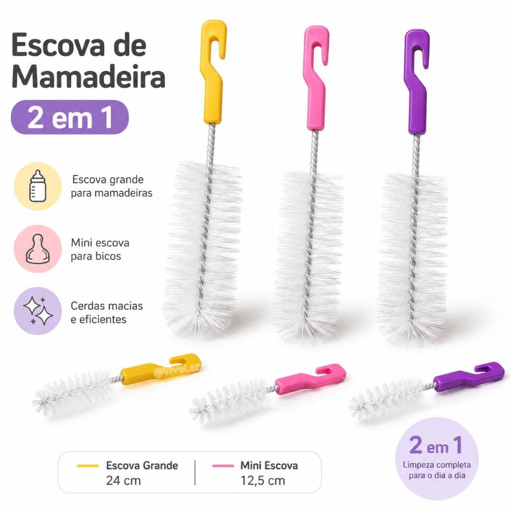 Escova de Mamadeira com Mini Escova para Bico – Kit de Limpeza Prático e Portátil