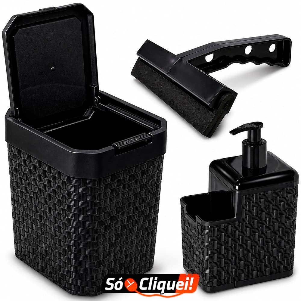 Kit Conjunto Pia de Cozinha Banheiro Rattan Preto 3 Peças Lixeira Click Dispenser e Rodinho Organizadores Casa Arqplast