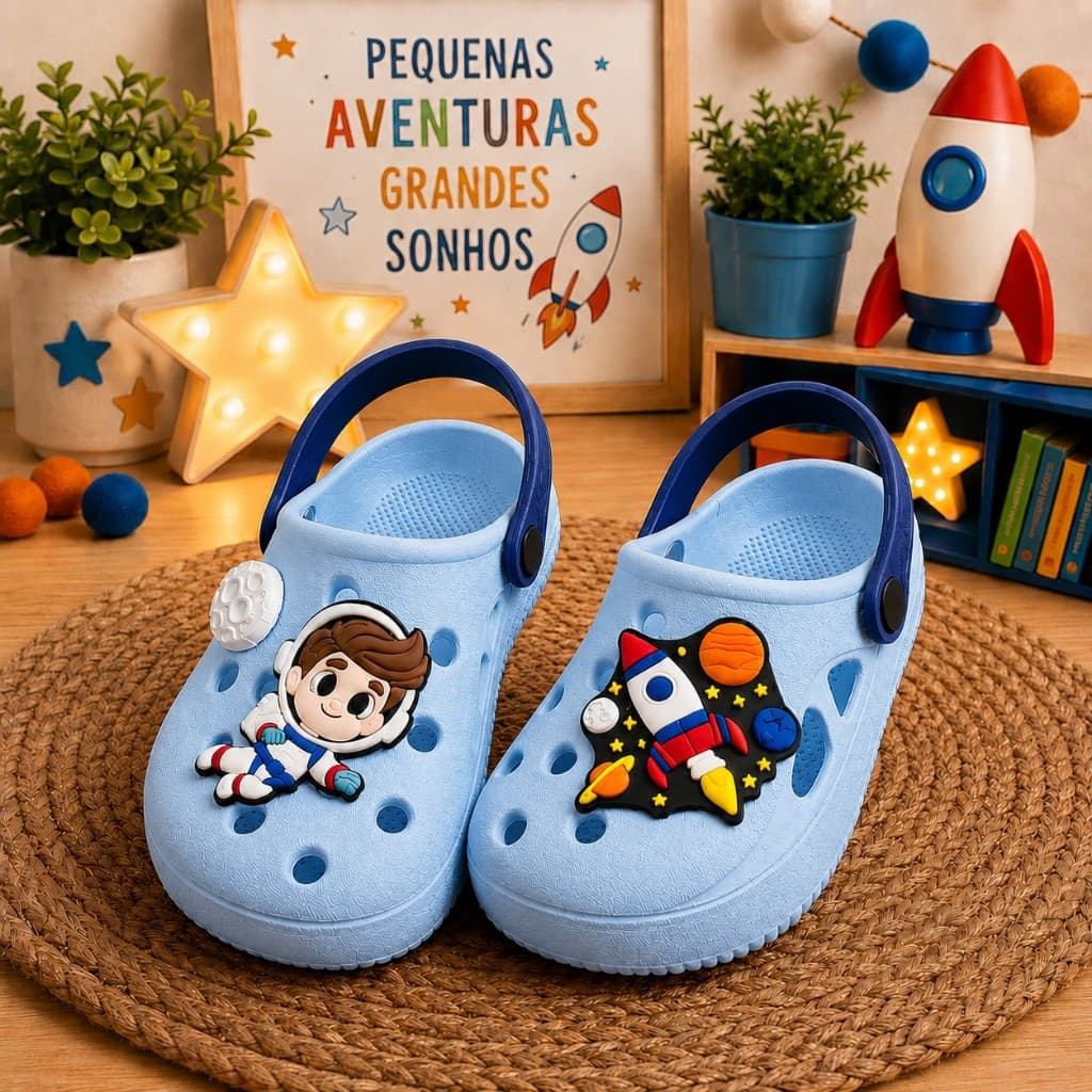 Sandália Infantil Menino Personagem Astronauta Espaço Babuche Injetado Macio Leve Antiderrapante