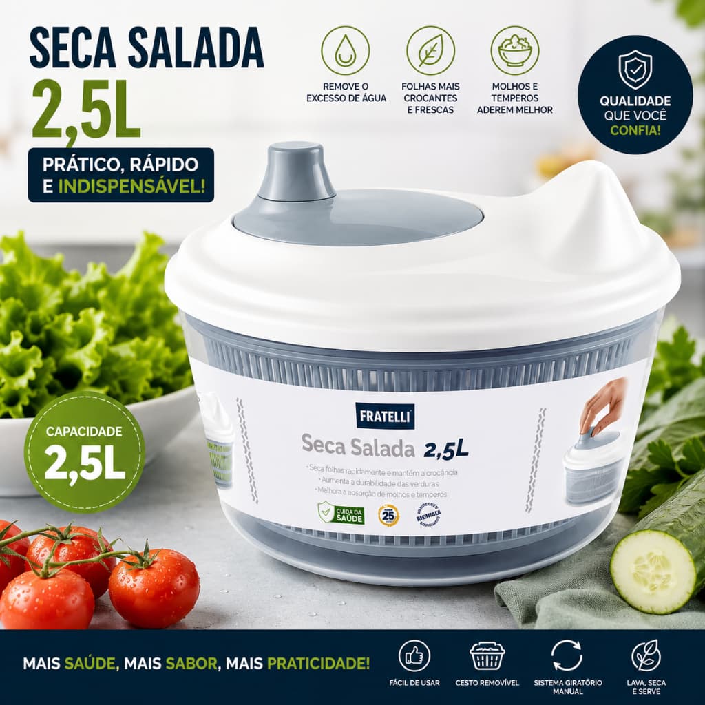 Seca Salada 2,5L Centrífuga Manual para Folhas e Frutas Bowl Multifuncional Cesto Removível Plástico Resistente Cinza