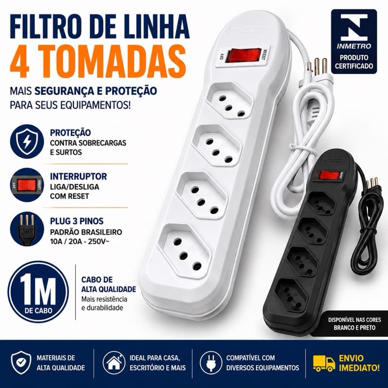 FILTRO DE LINHA REGUA EXTENSÃO ELETRICA 4 TOMADAS 10 AMPERES 1 METRO