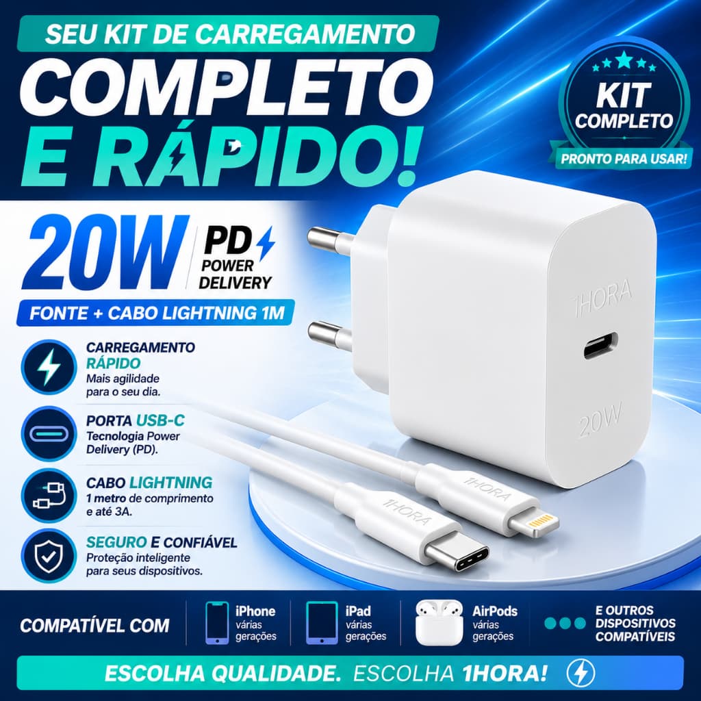 Carregador 20W para iPhone USB-C PD + Cabo Lightning 1m 3A Carregamento Rápido Turbo 1HORA