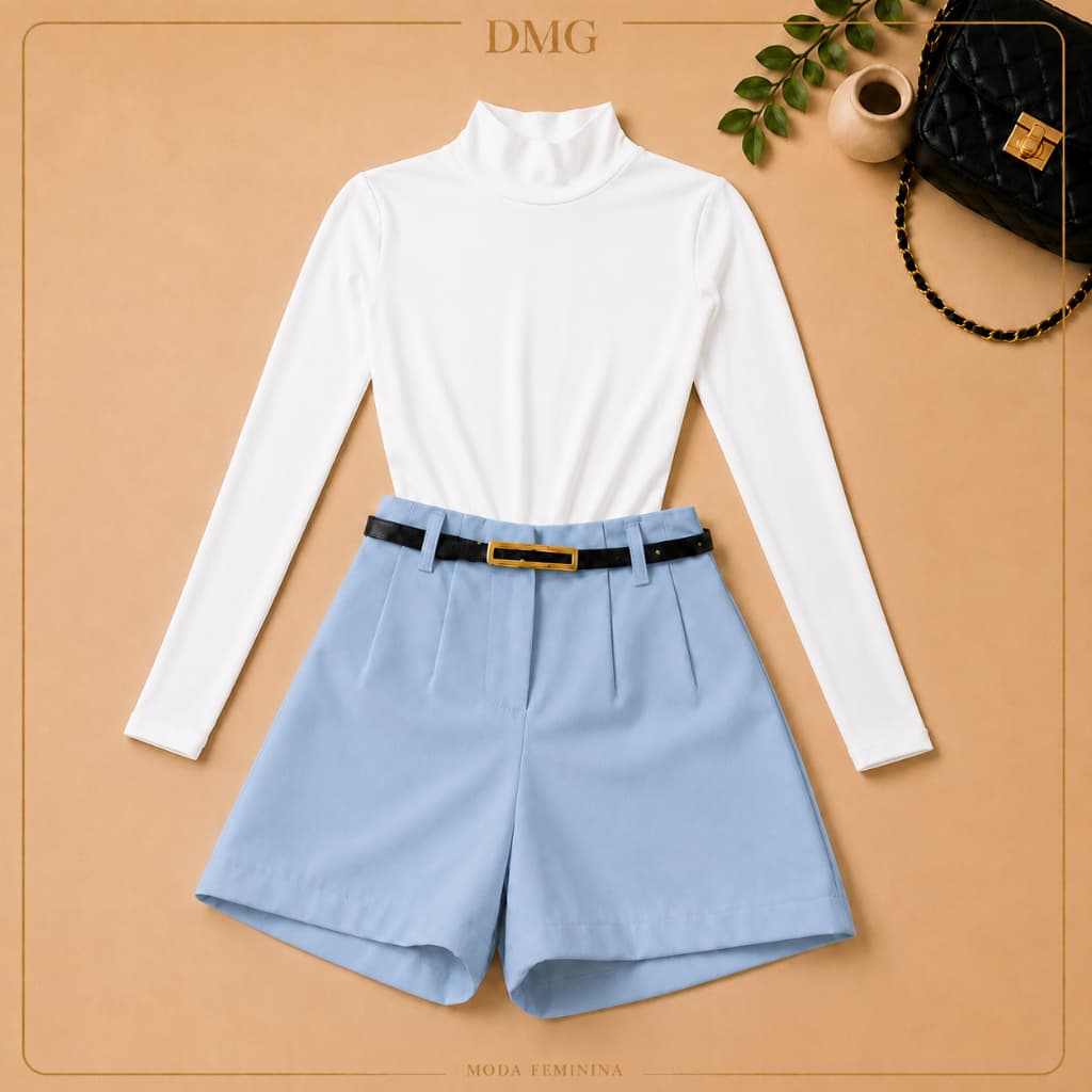 Conjunto Body Gola Alta Feminino + Short Alfaiataria Com Cinto Elegante Casual e Moderno