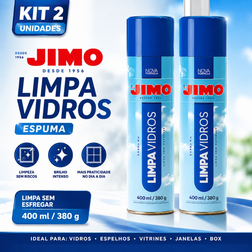 Kit 2 Limpa Vidros Jimo Spray 400ml Multiuso Sem Borrar Limpeza Profunda Box Janela Sacada Porta Espelho