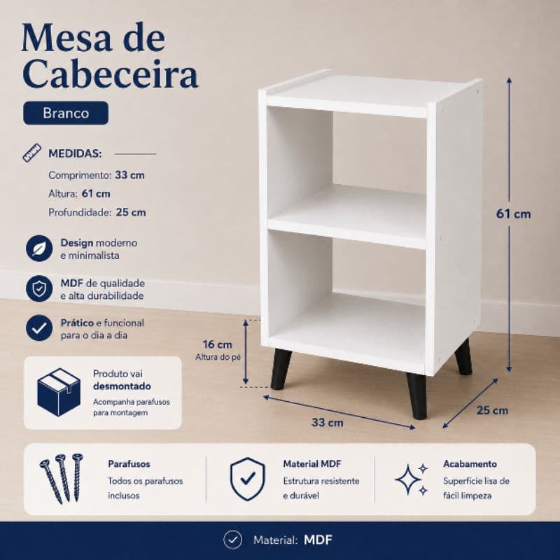 Mesa de cabeceira grande com pés palito retro | Criado mesa de apoio, nicho prateleira 61cm de altura - MDF Branco