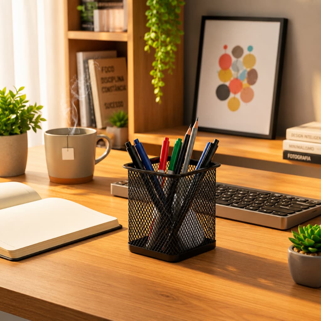 Organizador Porta Canetas Aramado Preto Mesa Escritório Aço Suporte Caneta Prático