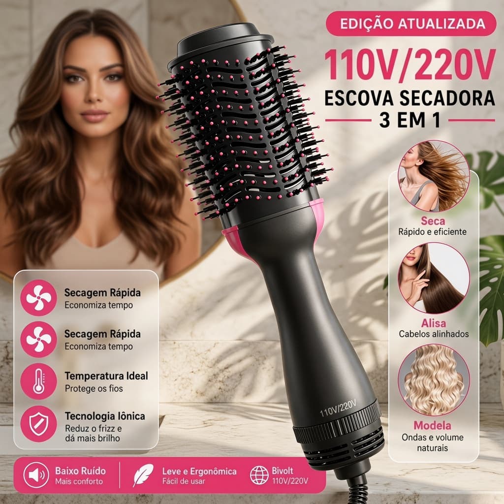 Escova Secadora Alisadora 3 em 1 Profissional  Íons Negativos Antifrizz, 3 Temperaturas  Bivolt 110V/220V