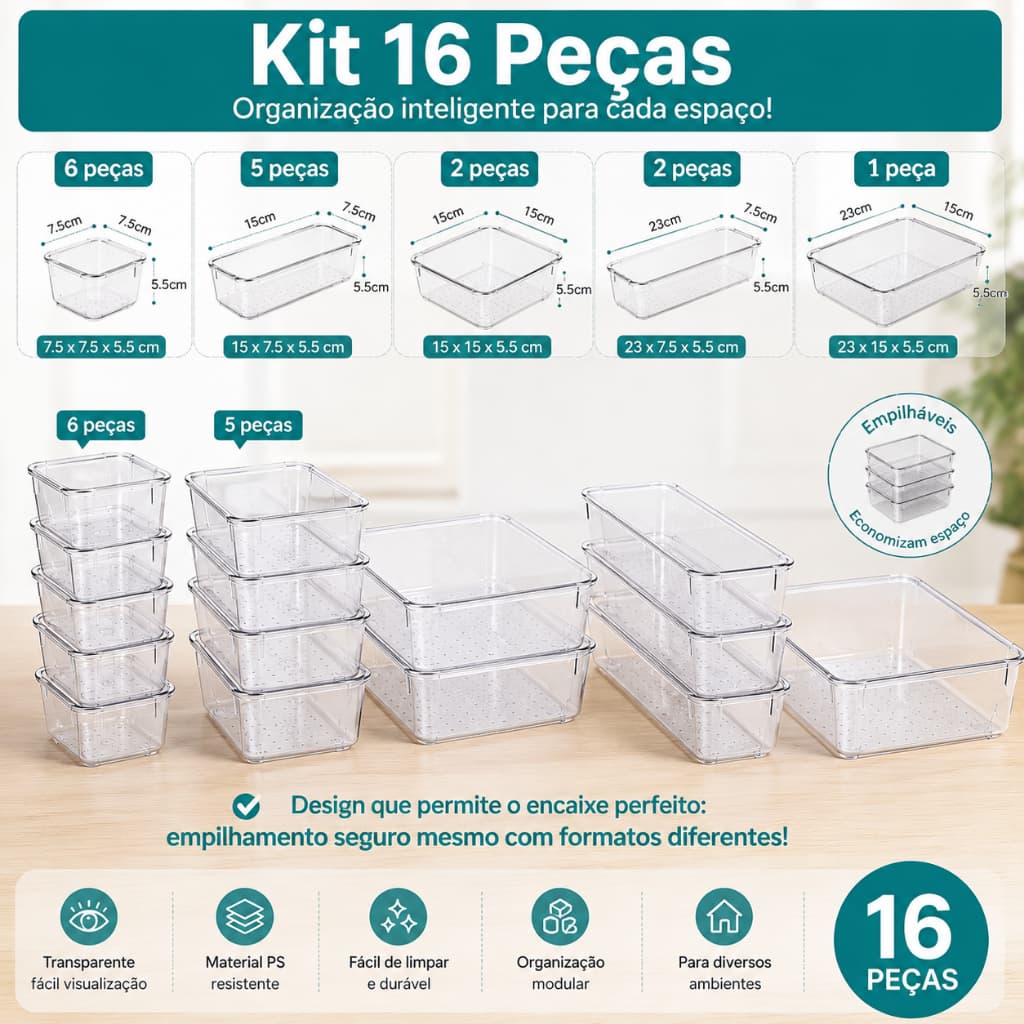 Kit Organizador Transparente 16 Peças em PET Premium Caixa Organizadora Multiuso Modular R3
