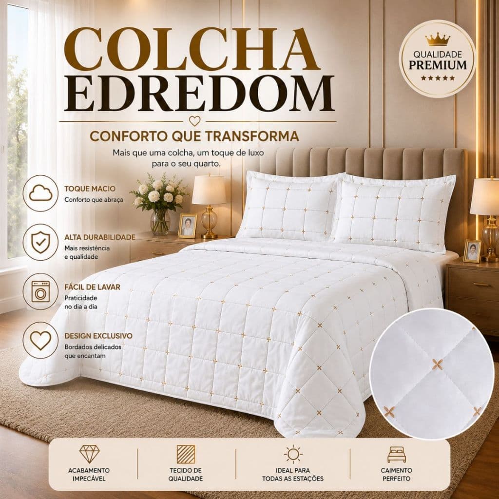 Colcha Cobre Leito Edredom Bordado 3 Peças Luxo Micro Percal 400 Fios Casal Queen King Toque Macio Premium Hotel