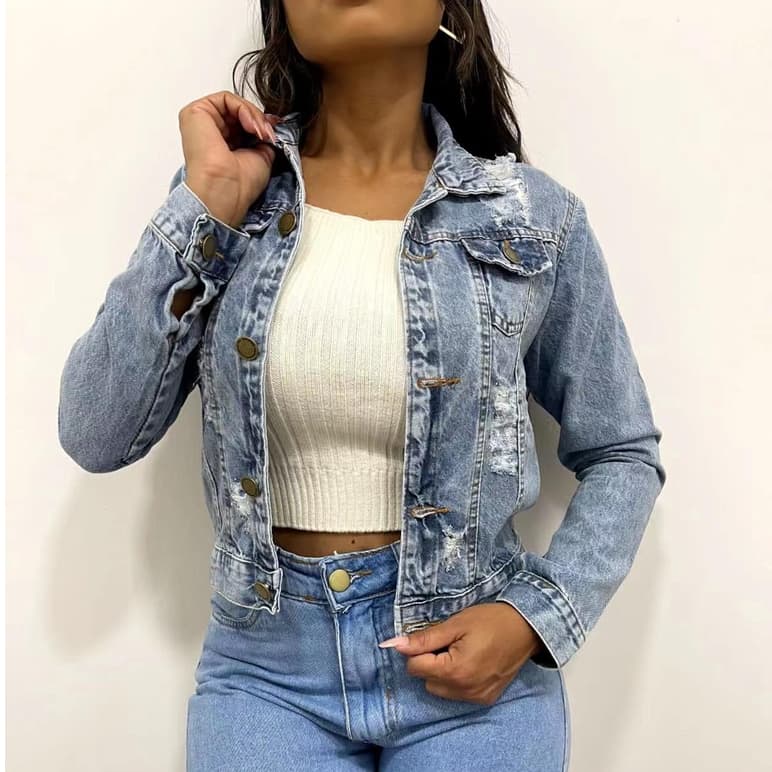 Jaquetinha Jeans Feminina Casaco Manga Escura  SEM Elastano