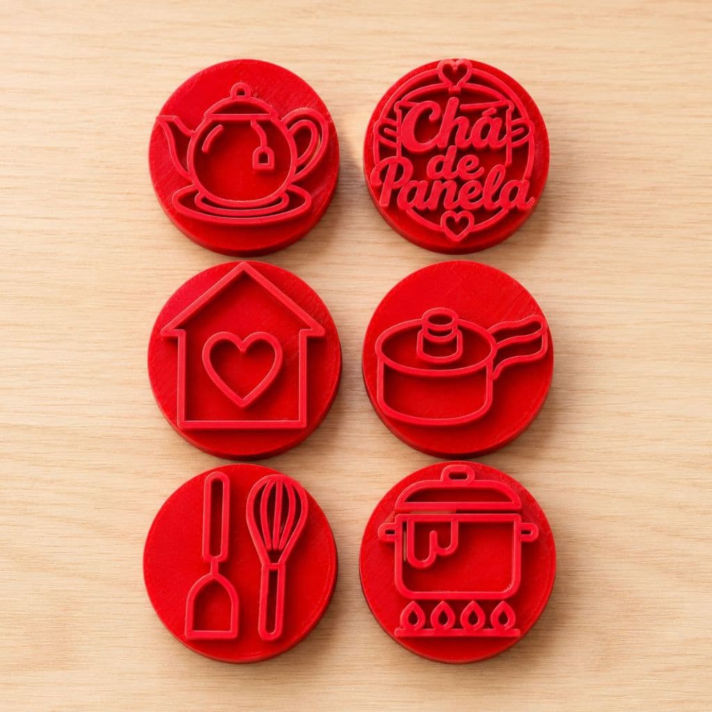 Kit 6 Carimbos Marcadores de Doces Brigadeiro Gourmet Chá de Panela Bule Fouet Confeitaria Biscuits