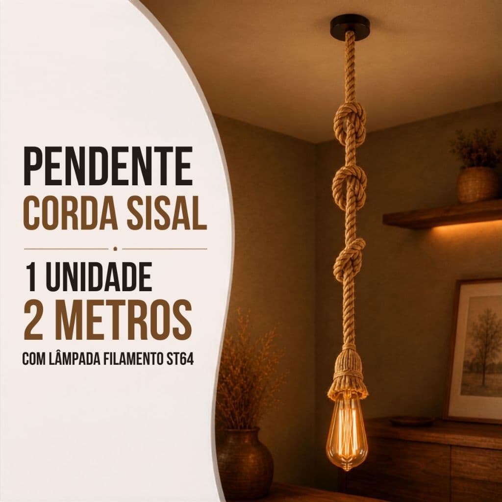 Luminária Pendente Corda 2 Metros com Lâmpada Filamento ST64 Bivolt 110v/220v Rústico Decorativo