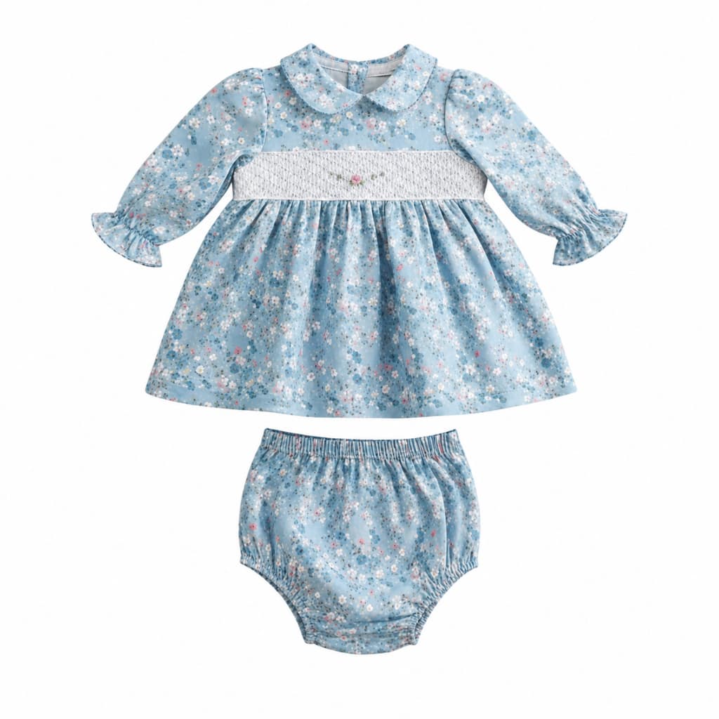 Vestido Infantil Bebê Menina Azul Florido Bordado à Mão Calcinha Malha Peruana Delicado Confortável