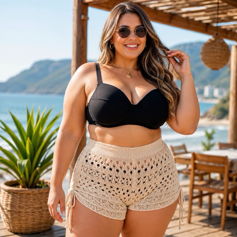 Short Saída de Praia Tricot Premium Plus Estilo Crochê Look Casual Leve Moda Verão Veste do 36 ao 44