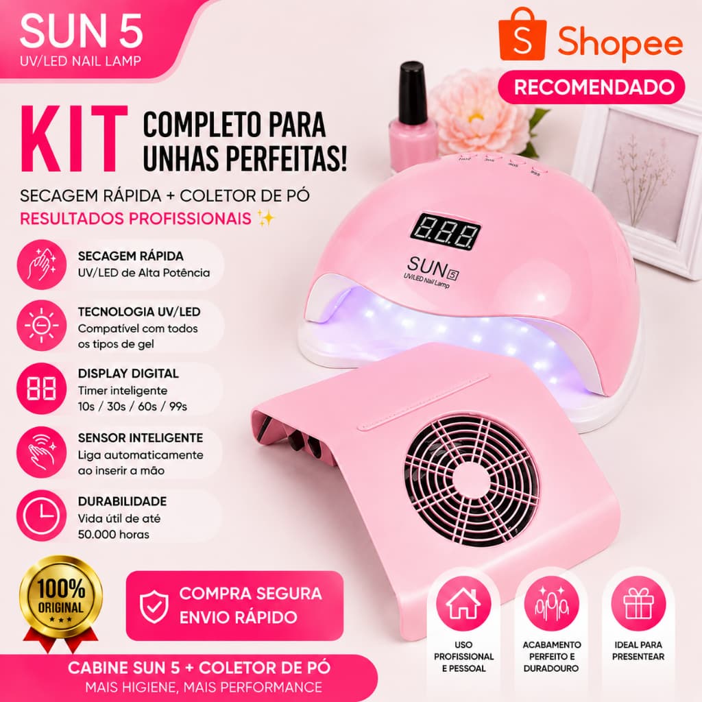 kit Manicure Alongamento Cabine de Unha gel Sun 5 48w + Aspirador Coletor de Pó Sugador1 Cooler