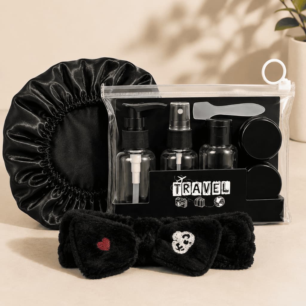 Kit Skincare Viagem Com Frascos Reutilizáveis + Touca + Faixa