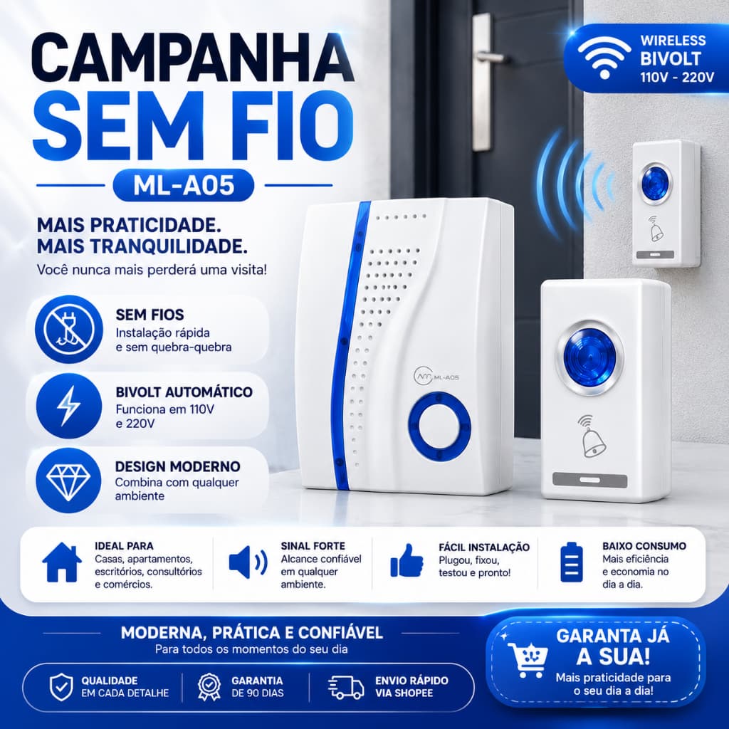 Campainha Sem Fio Wireless Bivolt ML-A05 Design Moderno Fácil Instalação para Residências e Esc