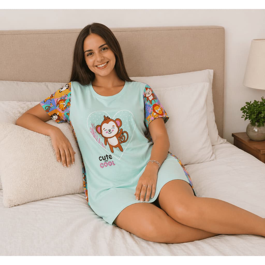 Camisola Feminina Camisetão Manga Curta Estampada Confortável Pijama Roupa de Dormir