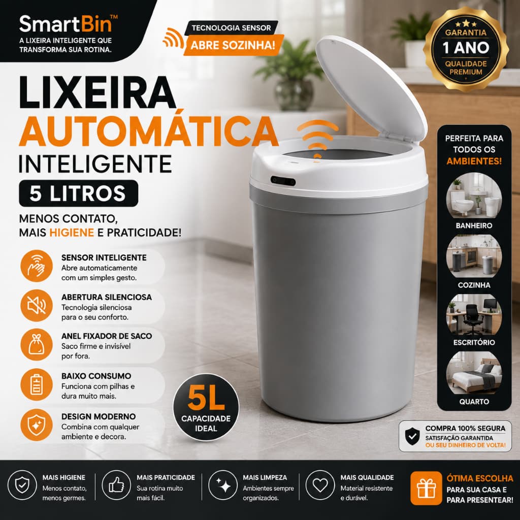 Lixeira Automática Sensor Inteligente 5L com Tampa | Lixeira para Banheiro,Cozinha e Escritório