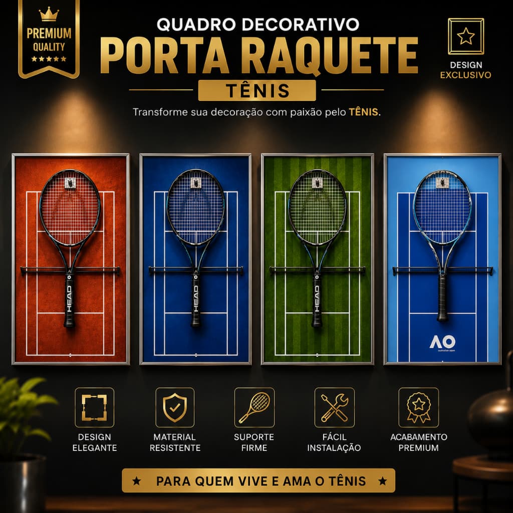 Quadro Decorativo Porta Raquete de Tênis 60x40 cm | Coleção Grand Slam | Escolha o Modelo