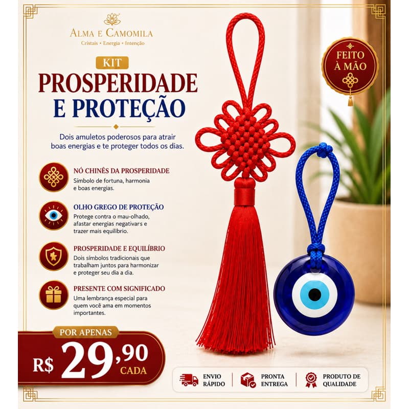 Kit 2 Amuletos Olho Grego Proteção + Nó Chinês Prosperidade Feng Shui Porta Carro Bolsa Presente