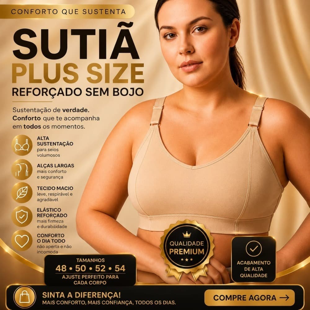 Sutiã Plus Size Reforçado Sem Bojo Soutien Sustentação Alça Larga Confortável Tamanho Grande G1 G2 G3 48 50 52 54
