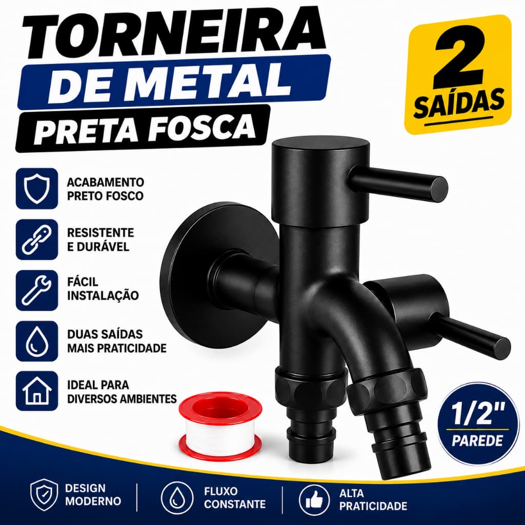 Torneira Metal Preta Fosco 1/2" com Duas Saídas – Torneira de Parede para Jardim, Tanque e Máquina de Lavar