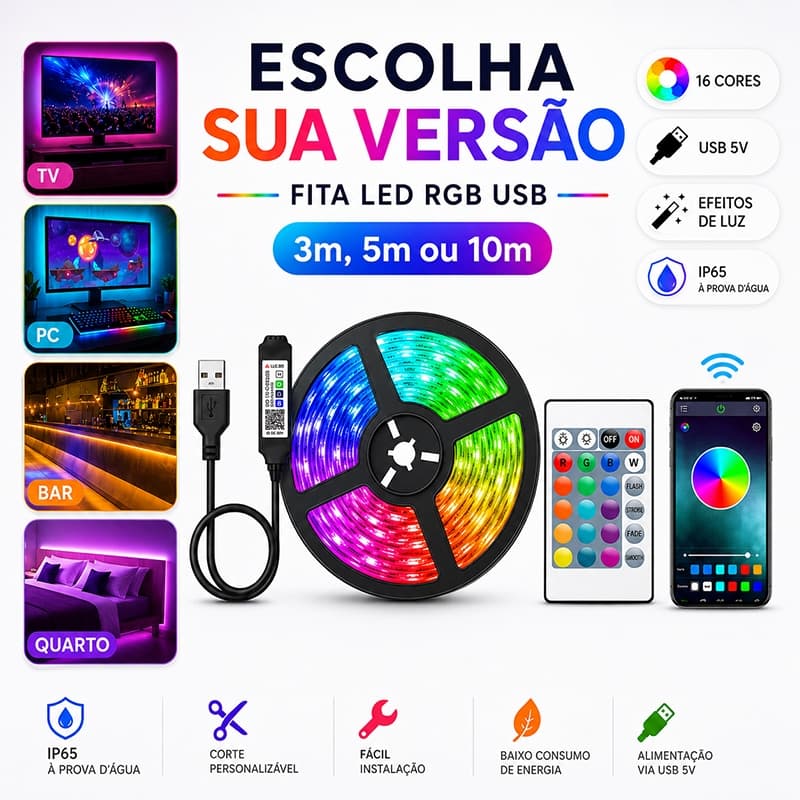 3/5/10m Fita LED RGB USB para Quarto TV e Sala com Controle Remoto