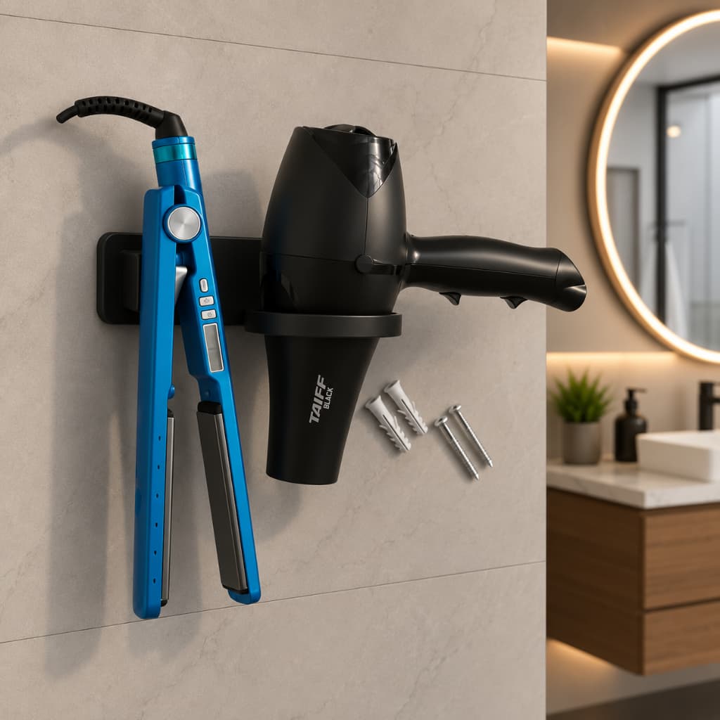 Suporte de Parede 2 em 1 – Para Secador de Cabelo e Chapinha
