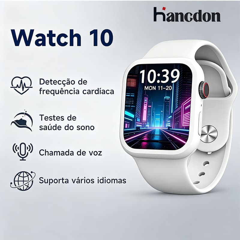 Hancdon Smartwatch Watch 10 Esportes, Bluetooth, Tela com Foto | Alerta de Chamadas e Monitor de Batimentos Cardíacos