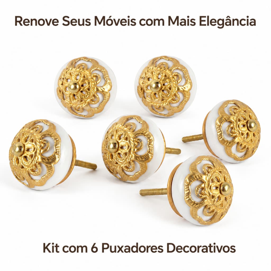 Kit 06 Puxadores Cerâmica Branco Trabalhado Dourado Móveis