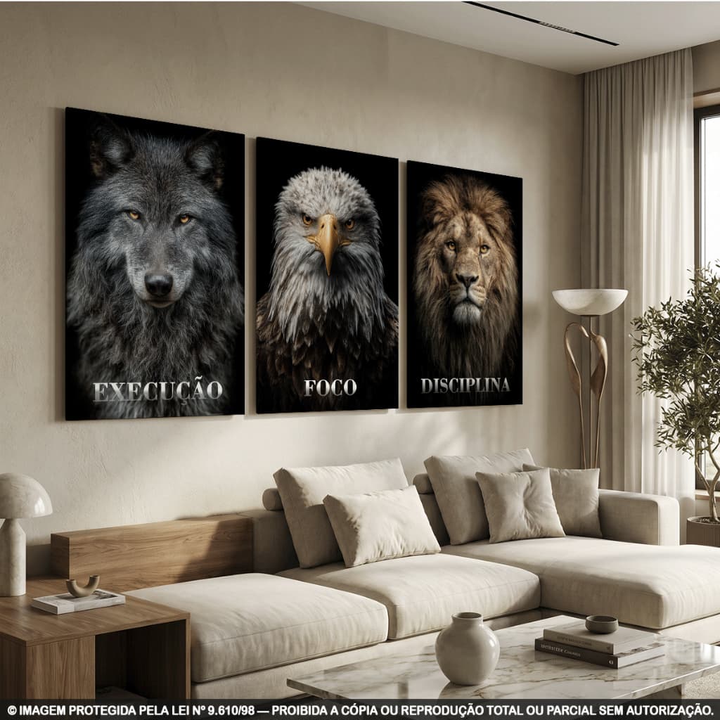 Kit 3 Quadros Decorativos em MDF com Impressão 8K – Lobo, Águia e Leão – Execução Foco Disciplina