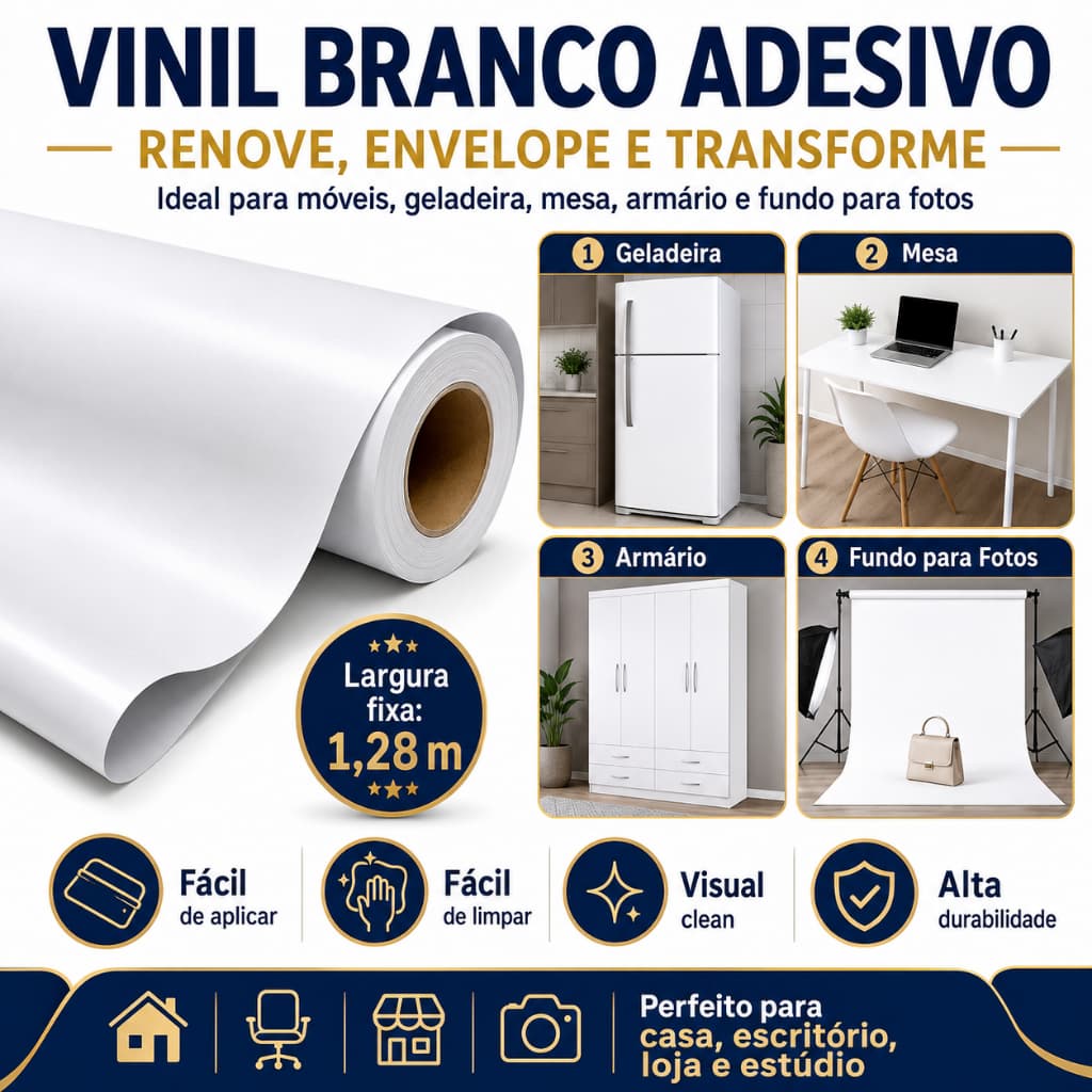 Vinil Branco Adesivo para Móveis Geladeira Mesa Armário Fundo Fotográfico Largura 1,28 m