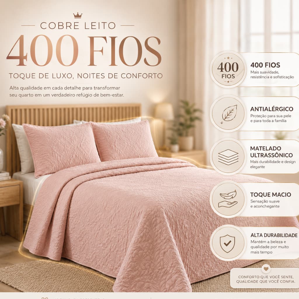 Colcha Cobre Leito 3 Peças 400 Fios Matelado Solteiro | Casal | Queen | King Alta Qualidade