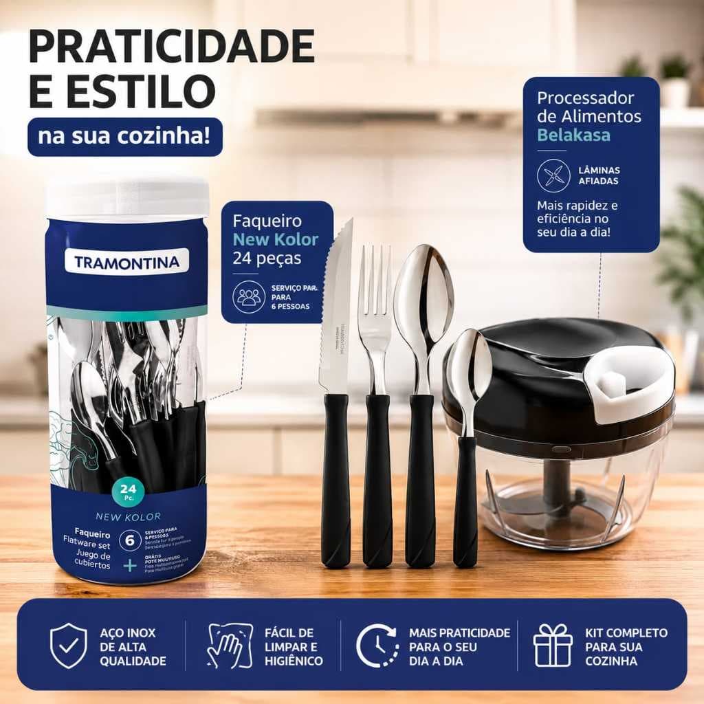 Kit Cozinha Tramontina + Processador de Alimentos Belakasa - Faqueiro New Kolor 24 Peças + Triturador Manual 500ml
