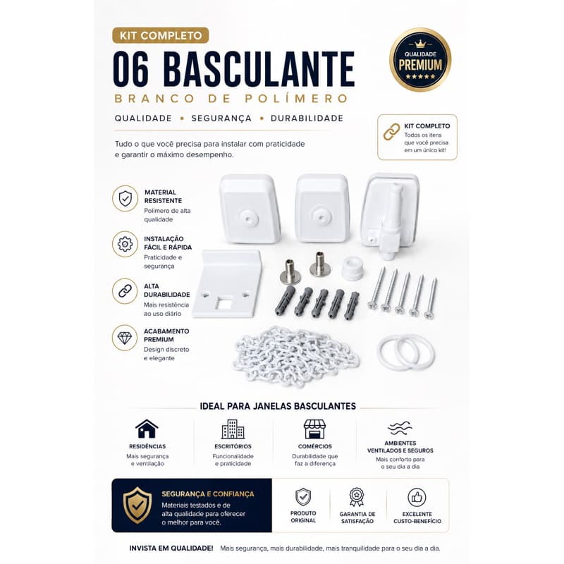 Kit 06 Basculante Branco Polímero para janela. Completo, resistente, fácil instalação, ferragens e acessórios.