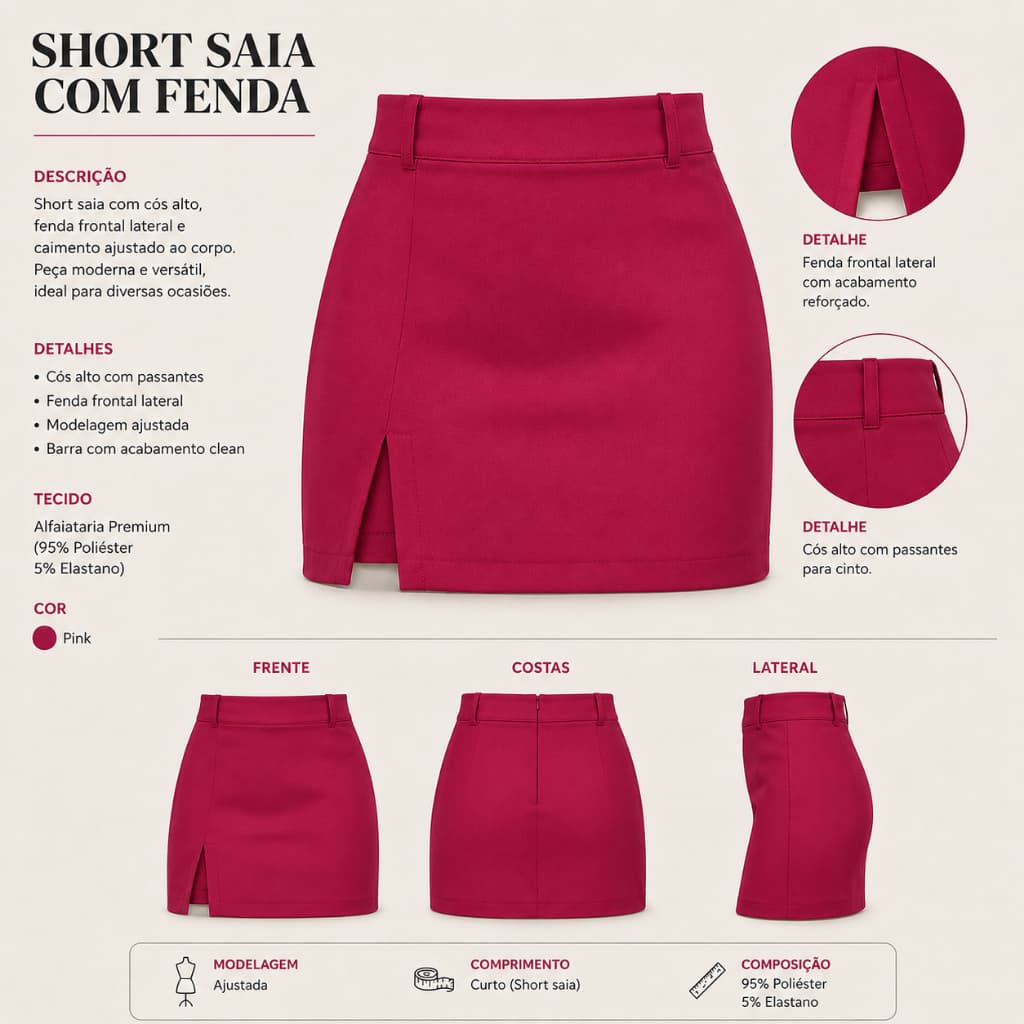 Short Saia Feminino Alfaiataria Cintura Alta Com Fenda Lateral Casual Elegante