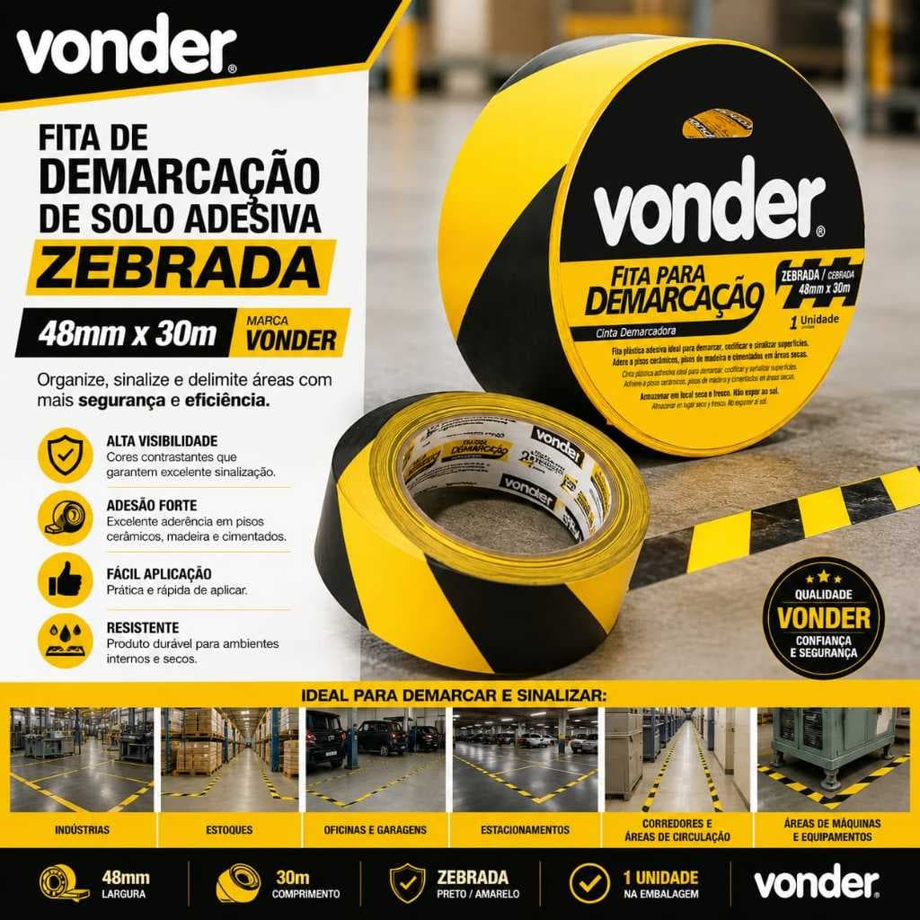 Fita Demarcação de Solo Zebrada Adesiva 48mm x 30m Vonder Sinalização Fábrica Indústria