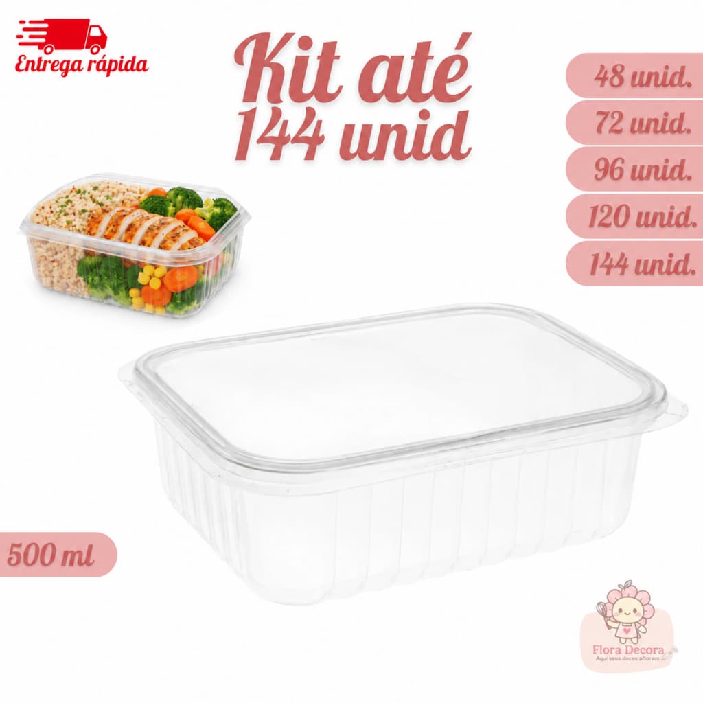 Kit Até 144 Pote De Embalagem Marmita Fitness Com Tampa Retangular Plástico 500ml
