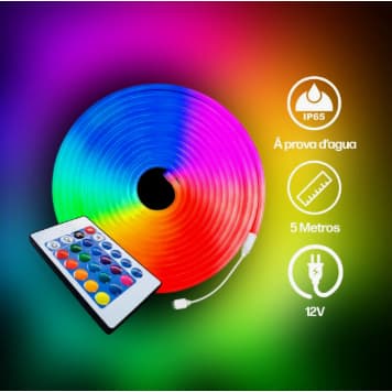 Fita LED RGB Neon 5m Flexível 12V IP65 120 LEDs/m com Controle 2835 Mangueira Para Decoração