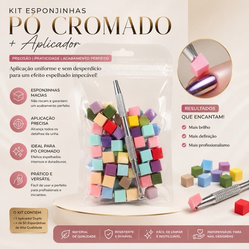 Kit Esponjas Para Pó Cromado Com Aplicador Duplo Esfumado Degradê Nail Art Unhas Gel Fibra Polygel Acrílico