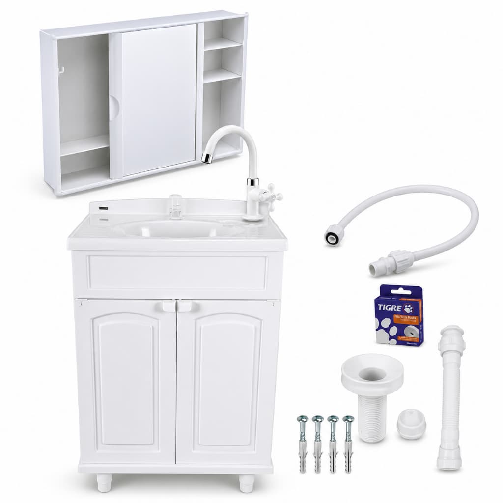 Kit Gabinete Completo Banheiro Astra Gab Max Branco + Armário A23 Espelho + Fita Veda Rosca Pronto P/ Instalar