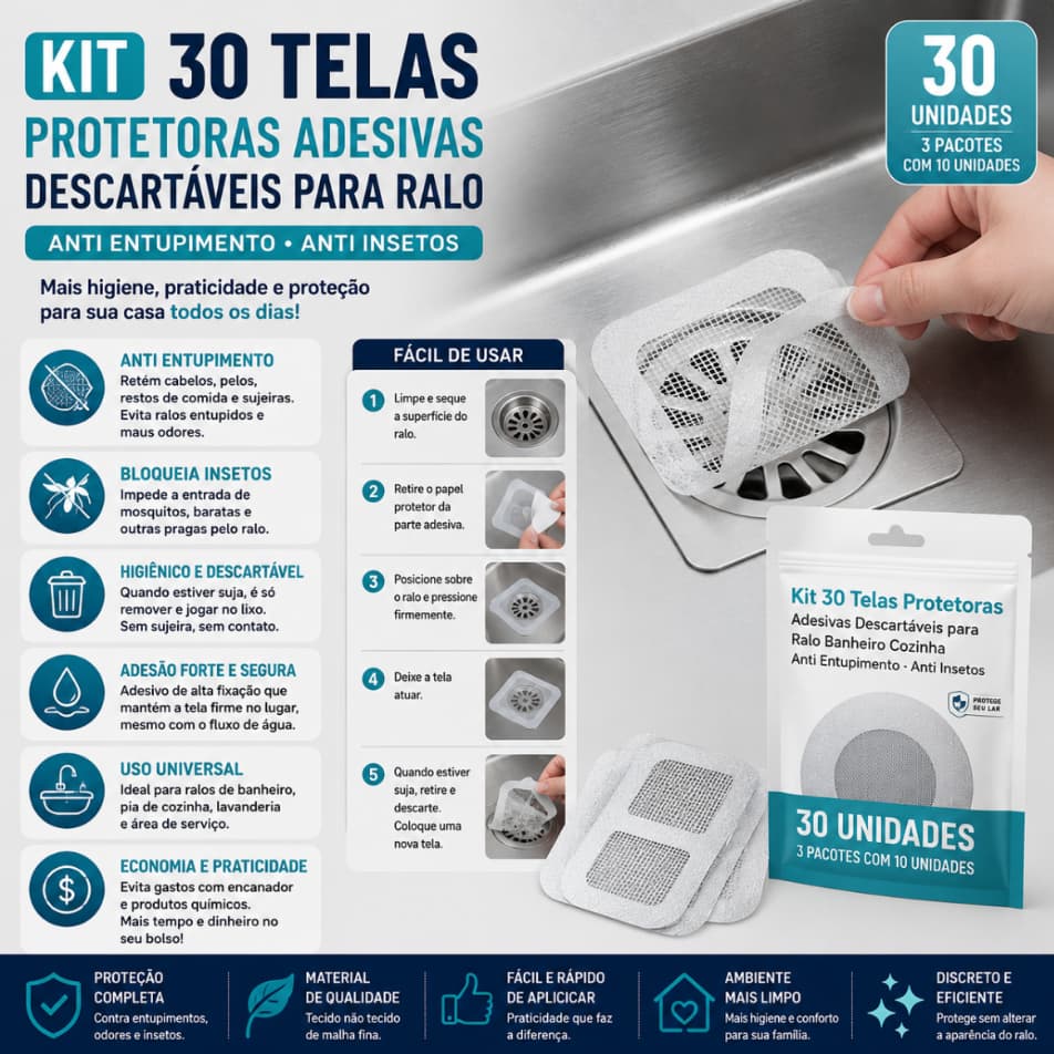 Kit 30 Telas Protetoras Adesivas Descartáveis para Ralo Banheiro Cozinha Anti Entupimento Inset