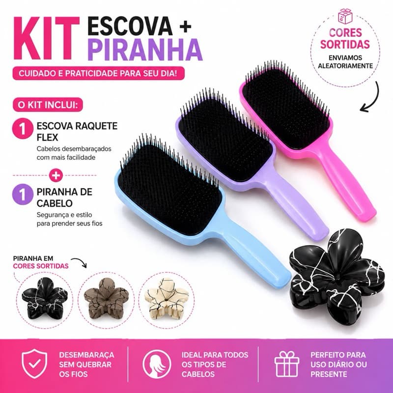 Kit escova de cabelo raquete flex + presilha piranha de cabelo flor - cor aleatório