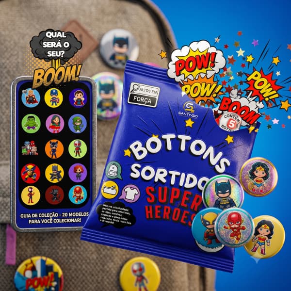 Kit 5 Bottons Super Heróis Sortidos Surpresa - Colecionáveis para Mochilas e Roupas (Com Holográficos!)