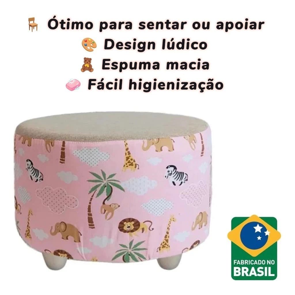 Puff Infantil Estampado Com Tema Safari - Rosa