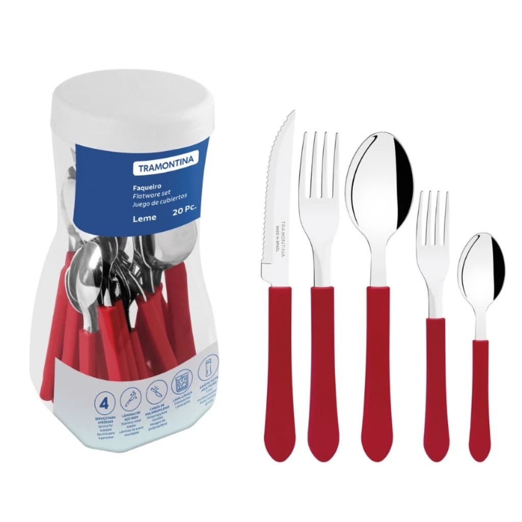 Faqueiro Tramontina Leme 20 Peças Original Talheres em Aço Inox Cabo Polipropileno Vermelho