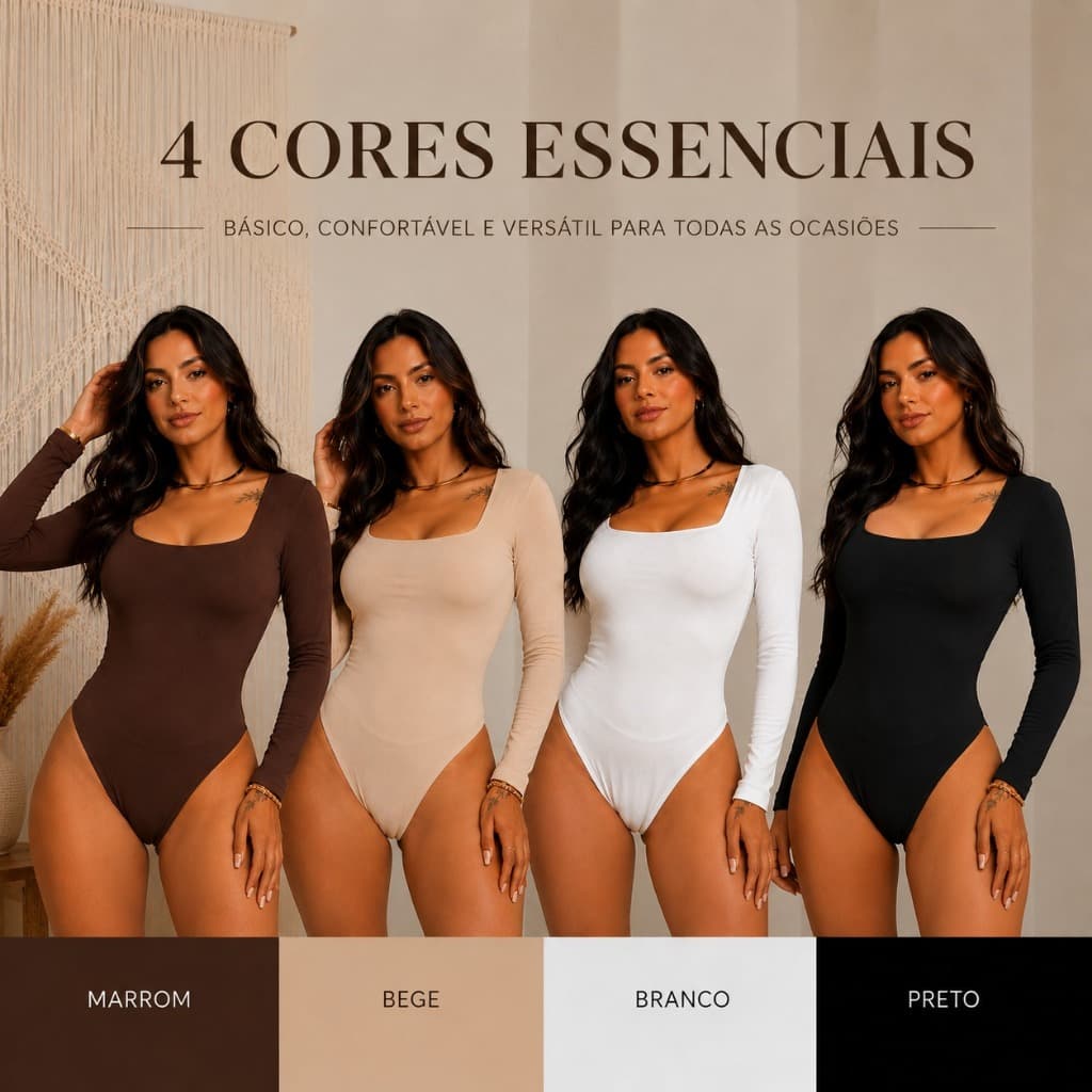 Body Feminino Manga Longa Bory Decote Quadrado Segunda Pele Justo e Confortável